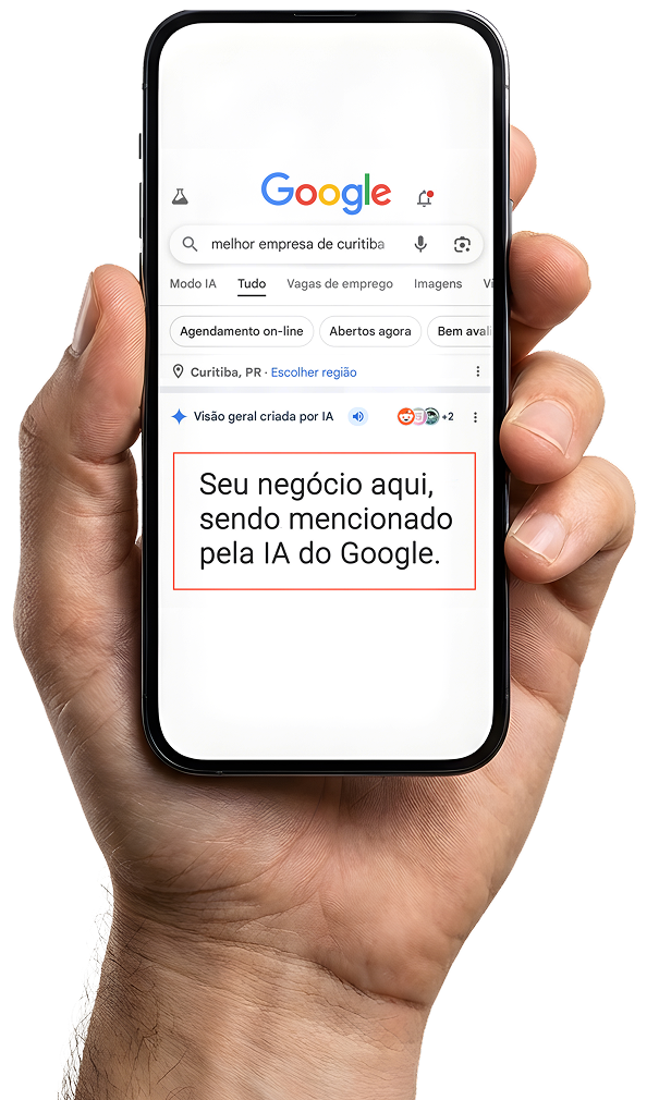 Mão segurando celular com pesquisa no Google