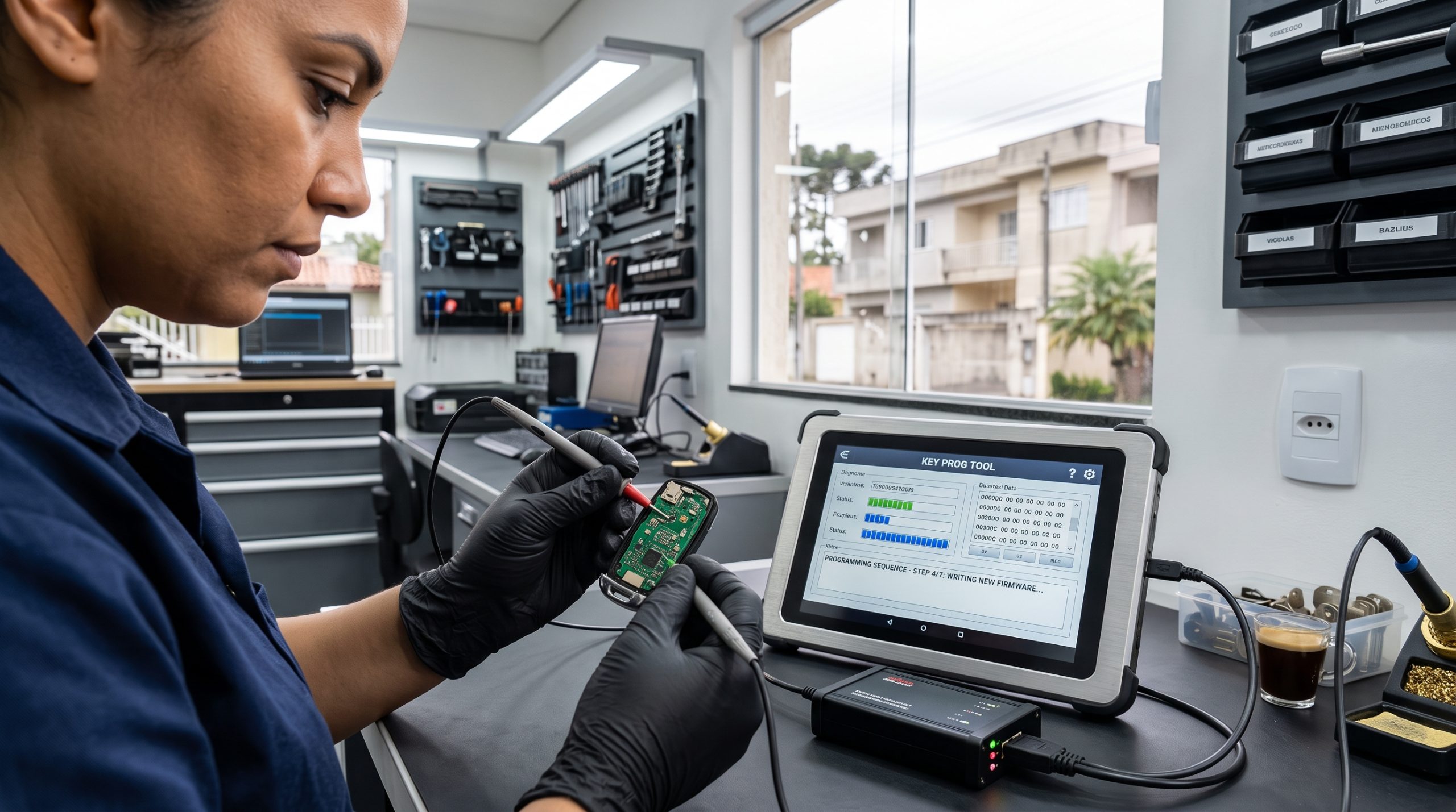 Chaveiro profissional trabalhando com chaves codificadas automotivas